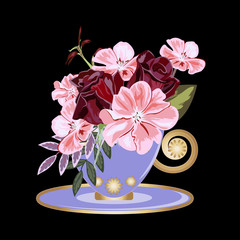 Beautiful bouquet of roses and geraniums in vintage purple tea cup. Decor elements for greeting cards, wedding invitations, birthday and other celebrations. Isolated on black background.