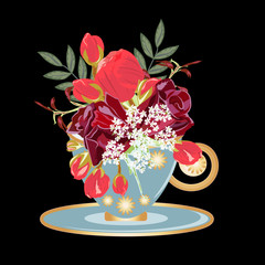 Bouquet of beautiful flowers in vintage emerald tea cup. Decor elements for greeting cards, wedding invitations, birthday and other celebrations. Isolated on black background.
