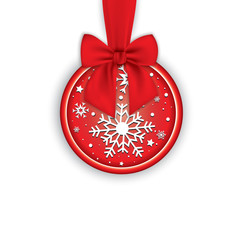 Round banner with red ribbon and bow, isolated on white background. Christmas tree decoration. Greeting card template.
