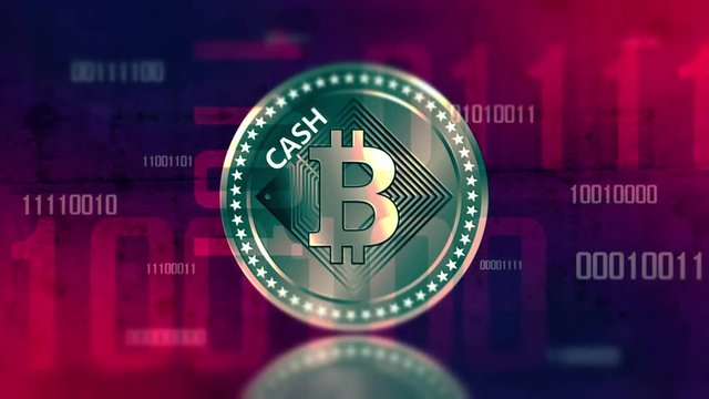 Virtual cryptocurrency Bitcoin Cash sign in digital cyberspace. 4K UHD animation loop with digit.