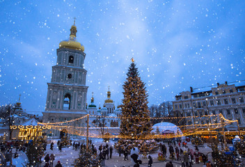 Beatiful view of Christmas on Sophia Square in Kyiv, Ukraine. Main Kyiv's New Year tree and Saint Sophia Cathedral on the background