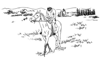 Fototapeta na wymiar horse riding in the fields sketch vector illustration, young guy rider resting on horseback