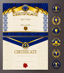 Set of elegant templates of diploma with lace ornament, ribbon, wax seal, drapery fabric, badges, place for text. Certificate of achievement, education, awards, winner. Vector illustration EPS 10.