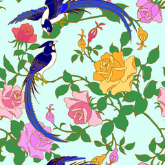 Paradise Flycatchers With Chinese Roses