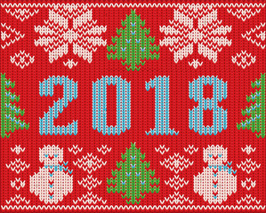 Fototapeta na wymiar Merry Christmas holidays knitted card, New 2018 Year, vector illustration