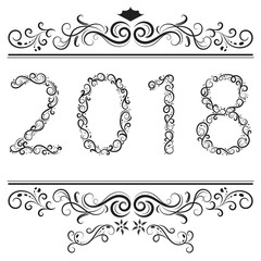 Happy New Year 2018 text calligraphic swirl vector on white background