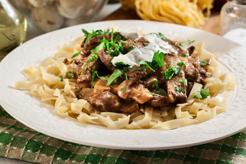 Homemade beef Stroganoff with pasta