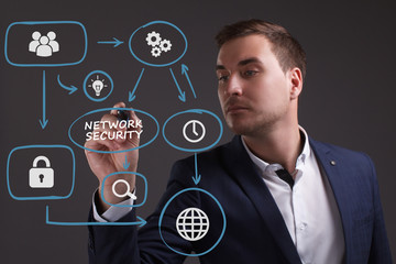 The concept of business, technology, the Internet and the network. Young businessman showing inscription: Network security