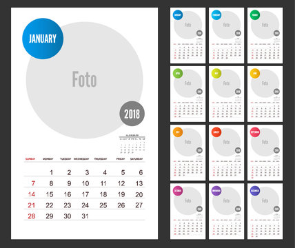 2018 Calendar planner design on white background. Set of 12 Months. Vector template with place for photo. Week starts sunday. Vertical orientation. 