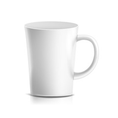 White Mug Vector. 3D Realistic Ceramic Coffee, Tea Cup Isolated On White. Classic Office Cup Mock Up With Handle Illustration.
