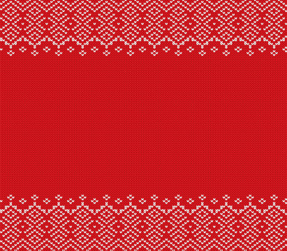 Knitted christmas geometric ornament design with empty space for text. Holiday seamless pattern.