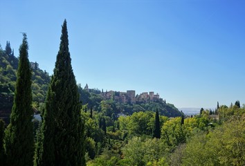 Alhambra in Spain with view on mountains with trees