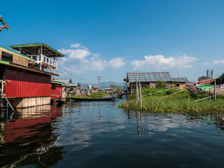 The village on wooden piles of Intha people living over water at Inle lake, Shan state, Myanmar
