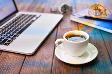 E-commerce bitcoin concept. Electronic commersion and coffee break.