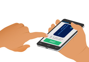 Wireless payment concept. Payment screen and credit card on a smartphone in human hand.
