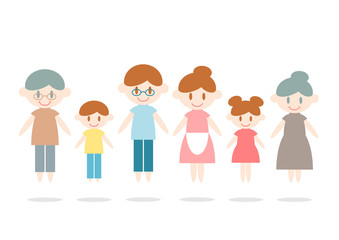 一列に並んだ三世帯家族のイラスト 