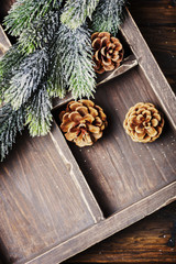 Concept of Christmas card on the wooden background, selective focus