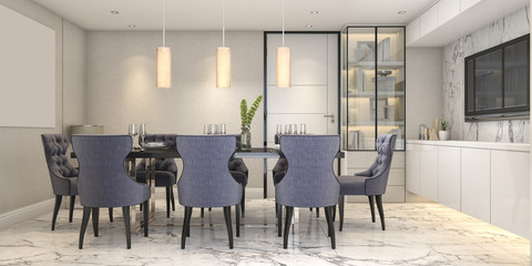 3d rendering blue dining set in modern luxury dining room near door