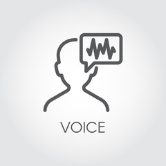 Obraz premium Voice identity outline icon. Recognize audio system sign. Voiceover symbol. Silhouette of man and sound wave pictograph drawing in line style. Vector illustration for various design needs