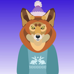 illustration of a cute Fox in a sweater and hat on white background
