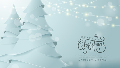 Merry Christmas and Happy New Year sale banner background with paper art and craft style.Glowing lights for Xmas Holiday.Calligraphy.Vector illustration template.greeting cards.