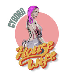 Cyborg Housewife. Cute Female Robot Cooking on the kitchen. Vector Illustration