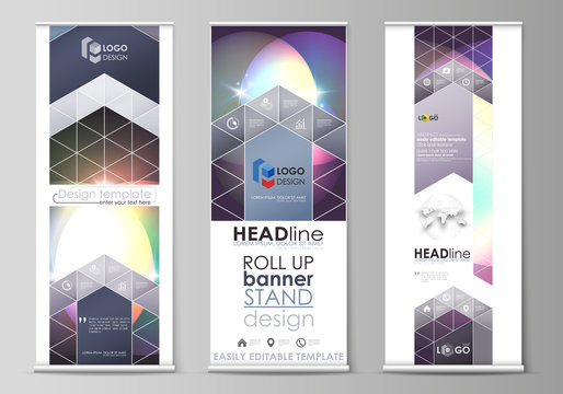 Set of roll up banner stands, abstract geometric style templates, business concept, corporate vertical vector flyers, flag layouts. Mystical Sci-Fi background. Futuristic trendy design.