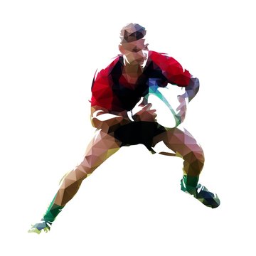 Low poly rugby player running with ball, abstract vector illustration