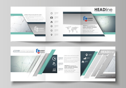 Business templates for tri fold square design brochures. Leaflet cover, vector layout. Genetic and chemical compounds. Atom, DNA and neurons. Medicine, chemistry, science concept. Geometric background