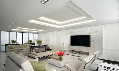 The luxury living room interior design and white pattern wall and Lcd