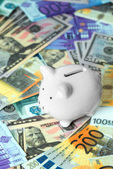 Pig piggy bank with cash closeup