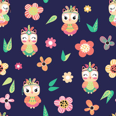 Seamless pattern with colorful owls