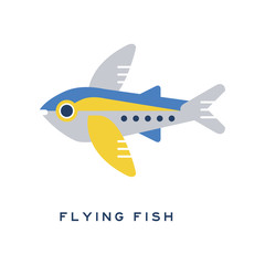 Flying fish, sea fish geometric flat style design vector Illustration