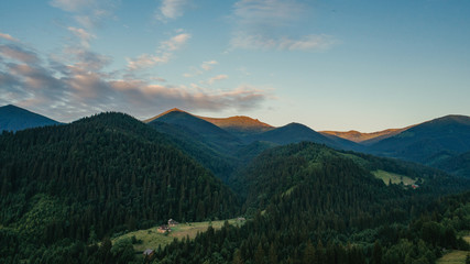 Carpathian mountains shot from drone at sunset