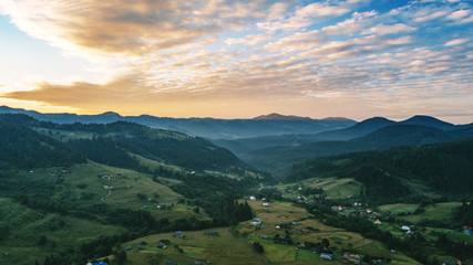 Carpathian mountains shot from drone at sunset