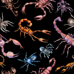 Exotic scorpion wild insect pattern in a watercolor style. Full name of the insect: scorpion. Aquarelle wild insect for background, texture, wrapper pattern or tattoo.