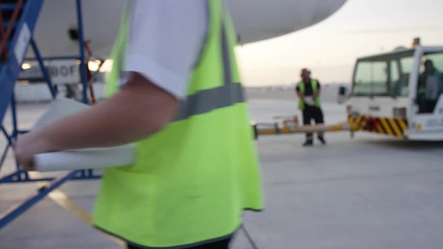 Employees in yellow dickey shake hands. Airport workers shakes hands. Engineers shake hands after checking. Airport workers