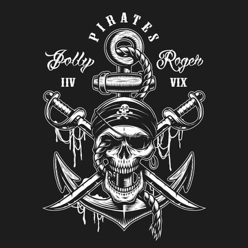 Pirate skull emblem with swords, anchor and rope. On dark background