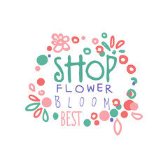 Shop flower bloom logo template, element for floral boutique, store, flyer, card, banner colorful hand drawn