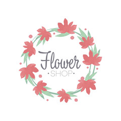 Flower shop green and red colorful logo template with wreath, label or badge in vintage style for floral boutique, wedding service, florist vector Illustration