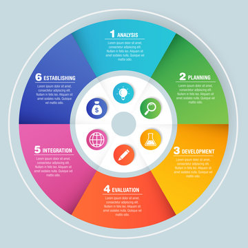 Colorful Bright Business Infographics, Radial Chart, Diagram With 6 Segments. Vector Illustration Business Template