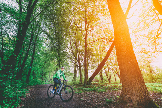 A man on a bicycle in the woods