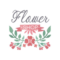 Flower shop colorful logo, badge in vintage style for floral boutique, wedding service, florist