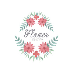 Flower shop colorful logo template, label or badge in vintage style for floral boutique, wedding service, florist vector Illustration