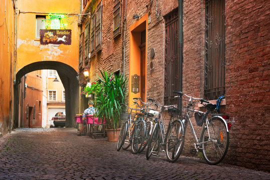 Ferrara, Italy - 09.06.2017 View of one of the streets of the city,   summer, architecture, tourism.  Located in the Emilia-Romagna region, northern Italy