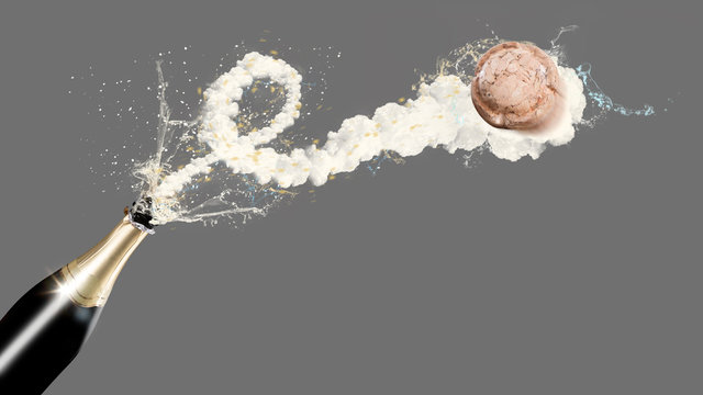 Sektflasche mit fliegendem Korken - neutraler Hintergrund