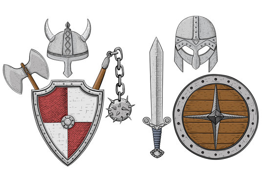 Viking armor set - helmets, shields and sword, axe. Colored hand drawn sketch