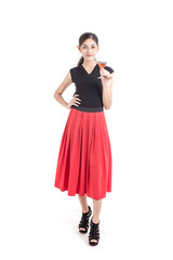 Beautiful Asian Woman holding cocktail drink with Happy Emotion. People Lifestyle Concept. Isolated on White background.