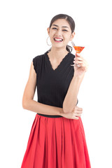 Beautiful Asian Woman holding cocktail drink with Happy Emotion. People Lifestyle Concept. Isolated on White background.