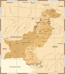 Pakistan Map - Vintage Detailed Vector Illustration